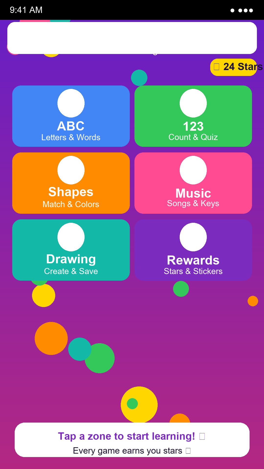 Home screen with 6 learning zones